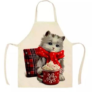 Gray Kitty Christmas apron w hot cocoa and scarf
